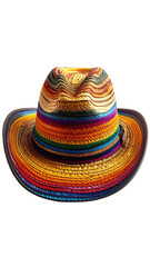 Colorful straw cowboy hat.  Vibrant rainbow stripes adorn a wide-brimmed hat