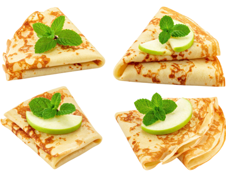 Four crepes with apple slices and mint
