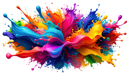 Abstract explosion of vibrant, flowing paint colors.  A dynamic, colorful burst of paint splashes radiate outward from a central point, creating a swirling, artistic effect