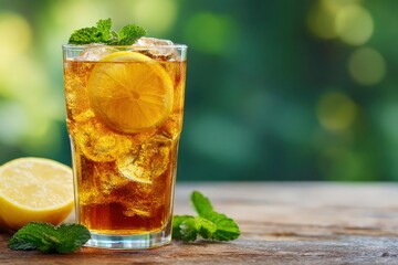 Fototapeta premium Ice tea in a glass with lemon mint set on a wooden surface against a blurred green background