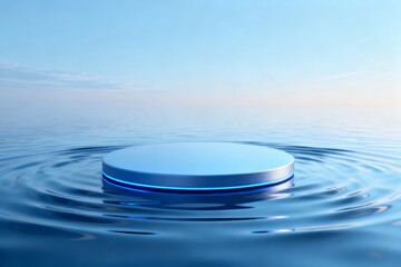 Circular platform floating on water with glowing blue edge, creating ripples under a clear sky