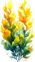 Vibrant, stylized bouquet of golden and teal leaves