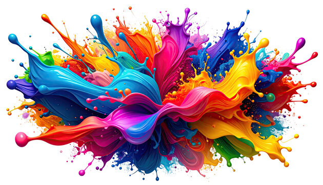 Abstract explosion of vibrant, flowing paint colors.  A dynamic, colorful burst of paint splashes radiate outward from a central point, creating a swirling, artistic effect