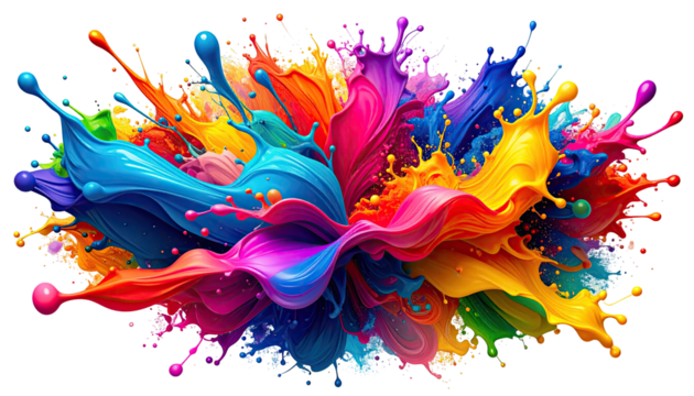 Abstract explosion of vibrant, flowing paint colors.  A dynamic, colorful burst of paint splashes radiate outward from a central point, creating a swirling, artistic effect