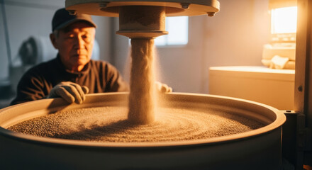 Obraz premium Experienced male worker oversees automated grain milling process in modern factory, monitoring equipment as refined grains are poured and processed for food production