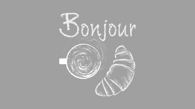 Chalk Style Coffee Cup and Croissant Animation with "Bonjour" Text on Transparent Background