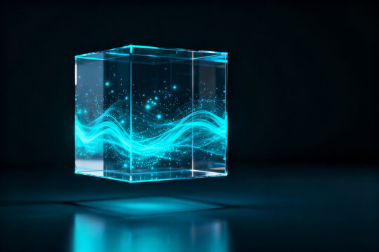 Transparent cube with glowing blue energy waves and particles inside, set against a dark background