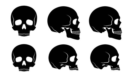 Simple set of black skull silhouettes from front and side perspectives, suitable for minimalist designs related to danger, rebellion, or mortality.