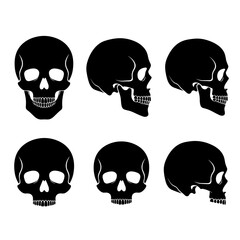 Assortment of black skull silhouettes in different frontal and profile orientations, useful for themes like mortality, history, and warning.
