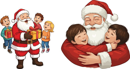 Santa Claus giving presents, children with gifts, Christmas holiday joy, festive family happiness, kids hugging Santa, winter holiday season celebration illustration