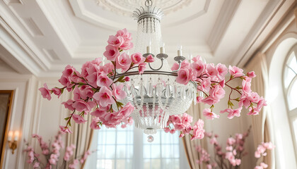 Crystal chandelier intertwined with blooming flowers, botanical luxury interior, soft natural light, elegant design
