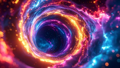 A vibrant, glowing vortex of cosmic energy, swirling with hues of orange, pink, and purple, resembling a tunnel through space