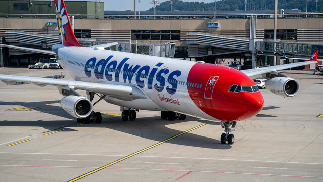 Edelweiss Air Airbus A340 is taxiing at ZRH international airport
