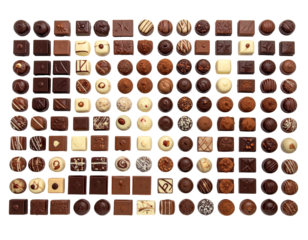 A large array of assorted chocolates.  Many shapes, sizes, and colors, including squares, round balls, and various decorations.  Predominantly dark, milk, and white chocolate.  Visually appealing