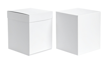 Two blank white cardboard boxes, slightly different angles.  One box has a slightly overhanging lid