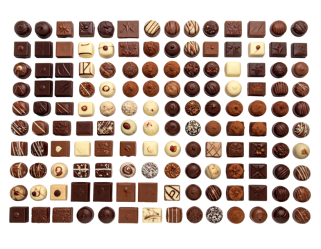 A large array of assorted chocolates.  Many shapes, sizes, and colors, including squares, round balls, and various decorations.  Predominantly dark, milk, and white chocolate.  Visually appealing