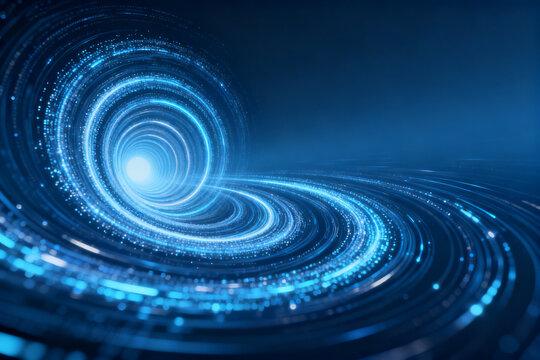Abstract blue spiral tunnel with glowing particles and concentric rings in a futuristic digital space