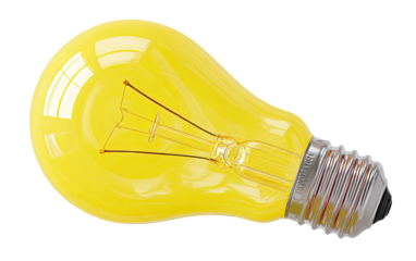 Bright yellow lightbulb, smooth glass,  angled view