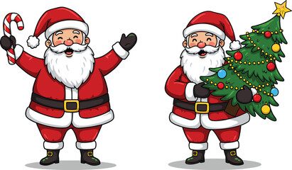 Santa Claus holding candy cane, carrying decorated Christmas tree, festive holiday celebration illustration, cheerful Santa character design, Christmas seasonal artwork