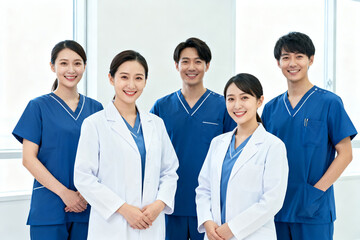 Group of medical professionals in scrubs and lab coats posing together in a bright clinical setting
