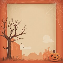 Halloween background with a blank card, pumpkin, spider web, and a leafless tree, vector illustration style.