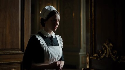 Caucasian woman in maid uniform stands by doorway in a dark room, servant girl in old house, footage