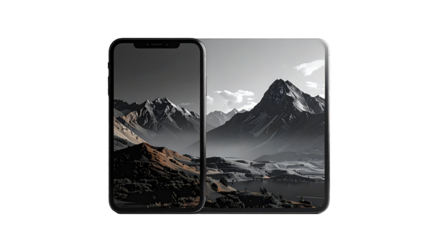 Two smartphones displaying grayscale mountain landscape