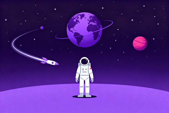 Astronaut standing on a purple planet with Earth, a rocket, and stars in the background