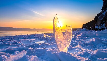 Crystal-clear ice formation at sunset on a frozen lake