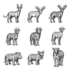 Collection of deer and tiger hybrid vector illustration