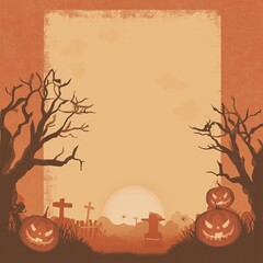 A vector illustration of a blank Halloween card frame featuring gothic elements like skeletal trees, tombstones, and an orange background with a dark academia aesthetic, designed with space in the cen
