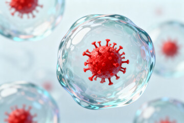Microscopic view of a virus particle enclosed in a transparent spherical structure, with multiple similar particles in the background.