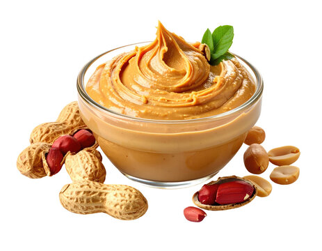 Creamy peanut butter in a glass bowl, surrounded by peanuts (2)