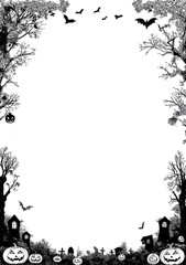 Spooky Halloween border frame with pumpkins, flying bats, and a haunted graveyard in black and white vector art, ideal for spooky Halloween messages.