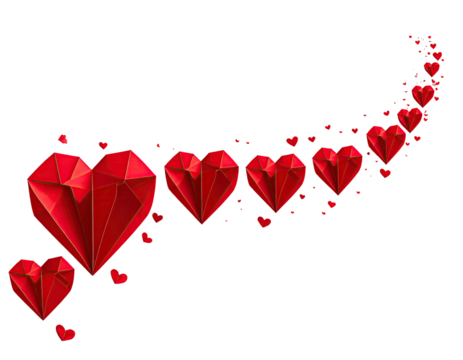 Red hearts in a curved, scattered pattern on a black background