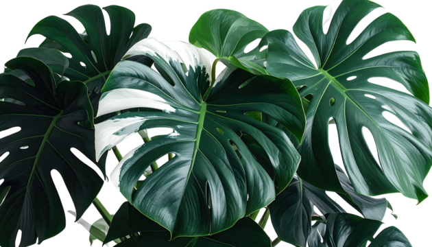 Lush Monstera deliciosa leaves, variegated with white, close-up