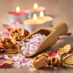 Pink bath salts in wooden scoop, surrounded by dried rose petals and candles