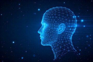 Digital wireframe human head in profile against a starry blue background