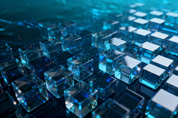 Transparent blue glass cubes arranged in a grid pattern with reflective surfaces and glowing highlights