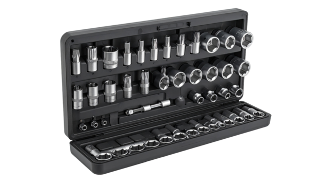 Tool kit box with various sockets - Powered by Adobe
