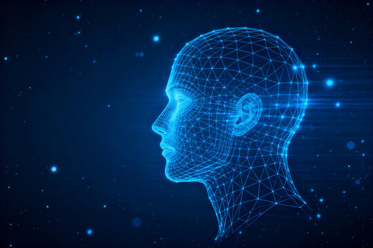 Digital wireframe human head in profile against a starry blue background