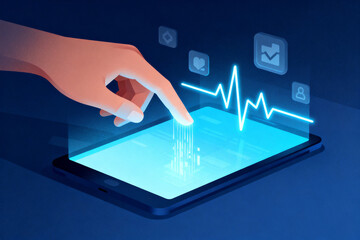 Hand interacting with a tablet displaying a digital heartbeat and data icons
