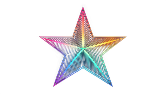 A vibrant star with rainbow gradient and intricate line art on a stark black background design element