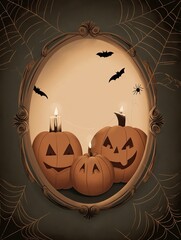 Halloween pumpkins and candles in an oval frame with a spider web background, featuring vintage style in dark brown and light orange, perfect for kids' digital art, flat design, and festive decoration