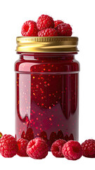 Fresh raspberry jam in a glass jar.  Ripe berries atop
