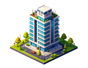 Isometric city building, modern design.  Green rooftop, glass facade, and multiple floors.  Cars and pedestrians visible at street level