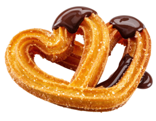 Two heart-shaped churros drizzled with chocolate