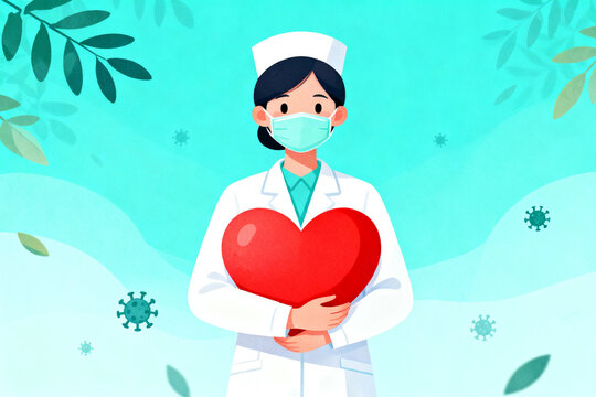 Nurse holding a red heart, wearing a mask and uniform, surrounded by leaves and virus particles