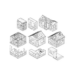 A collection of detailed isometric line drawings showcasing various stages of house construction and architectural elements, ideal for design and educational purposes.