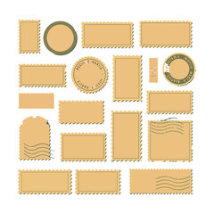 Collection of various postage stamps in different shapes and sizes for design.